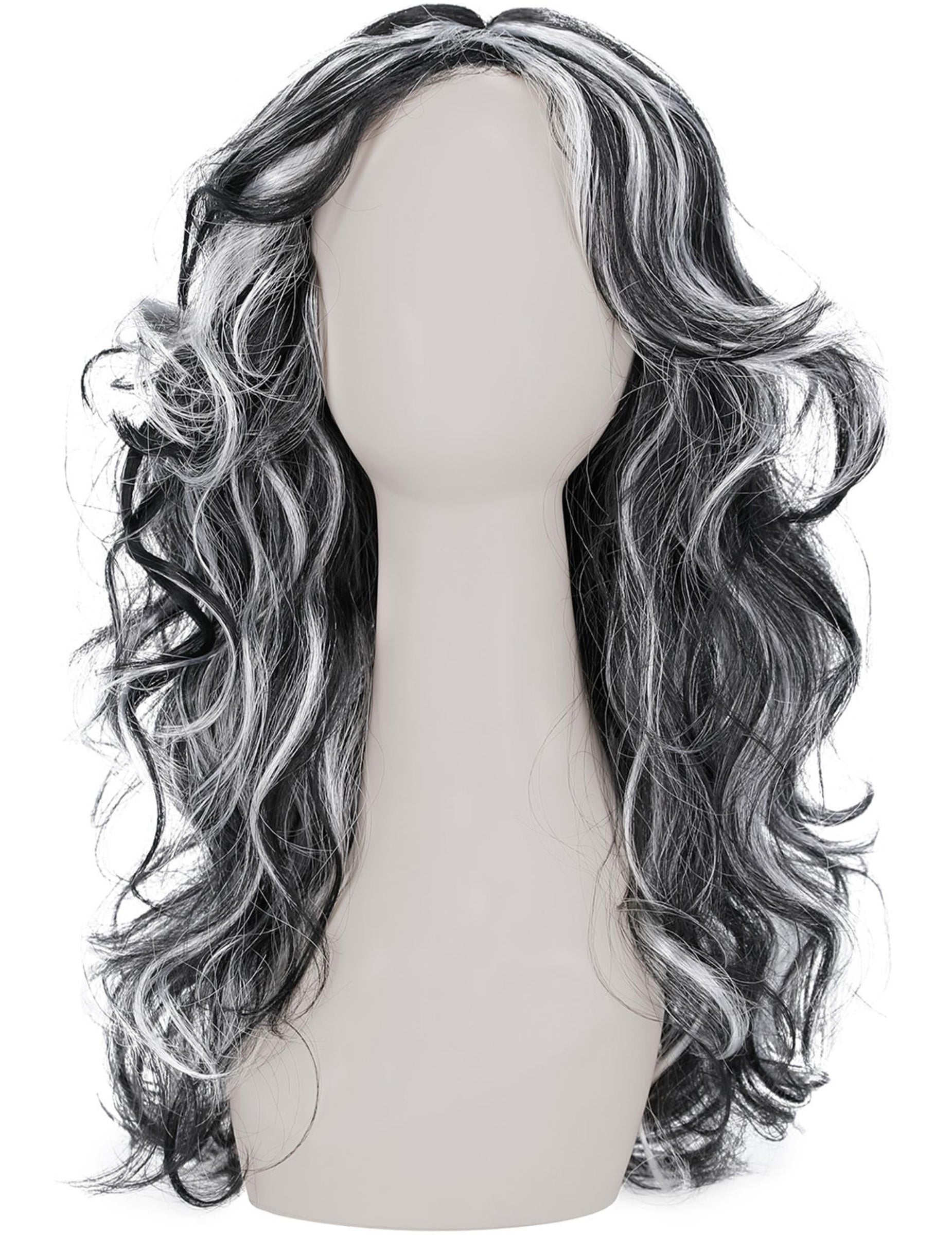 Vue de face de la perruque noire avec mèches blanches pour femme