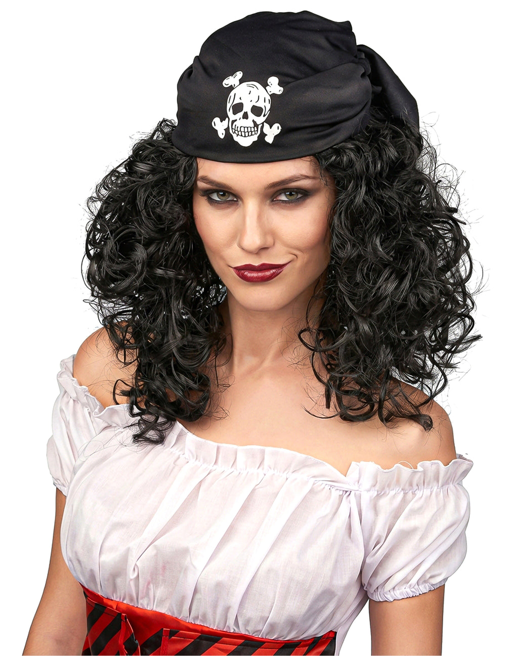 Perruque de pirate pour femme noire bouclée avec bandana tête de mort