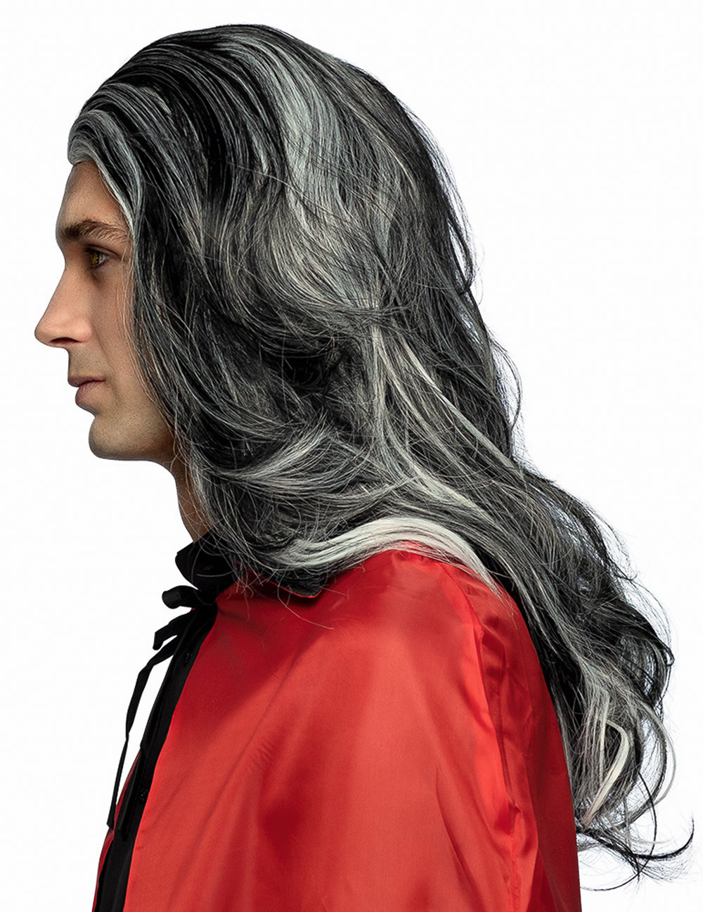 Vue de profil de la perruque noire et blanche pour homme