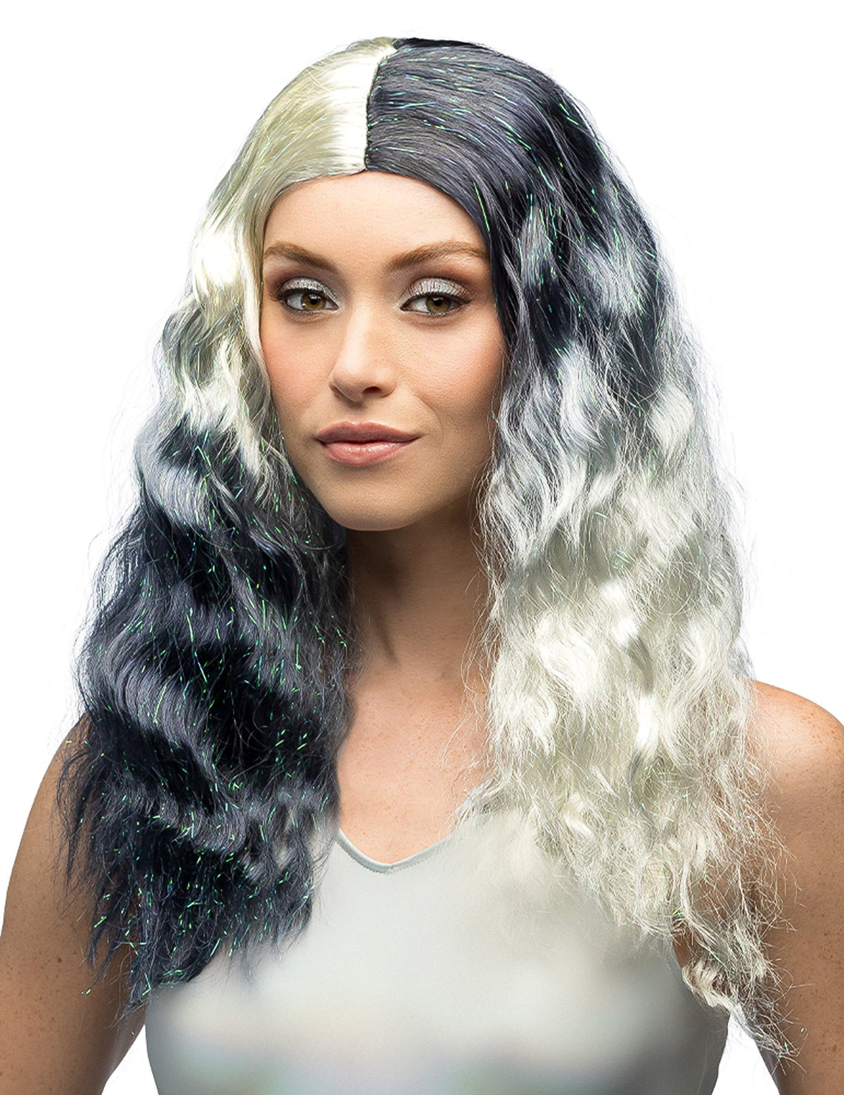Perruque ondulée noire et blanche pour femme à reflets métalliques
