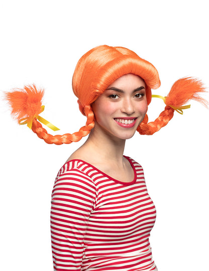 Perruque orange pour femme avec tresses dressées et rubans jaunes
