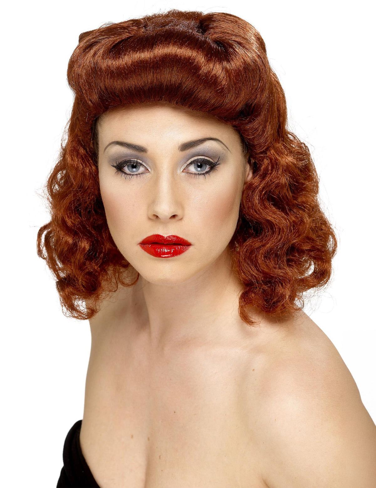 Perruque pin up pour femme marron à boucles et frange roulée