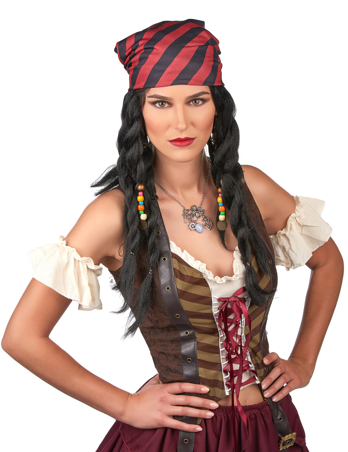 Gros plan sur le bandana et les tresses de la perruque pirate à tresses adulte