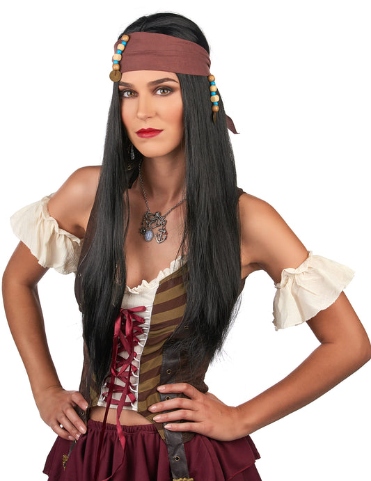 Gros plan sur le bandana et les perles de la perruque pirate pour adulte noire
