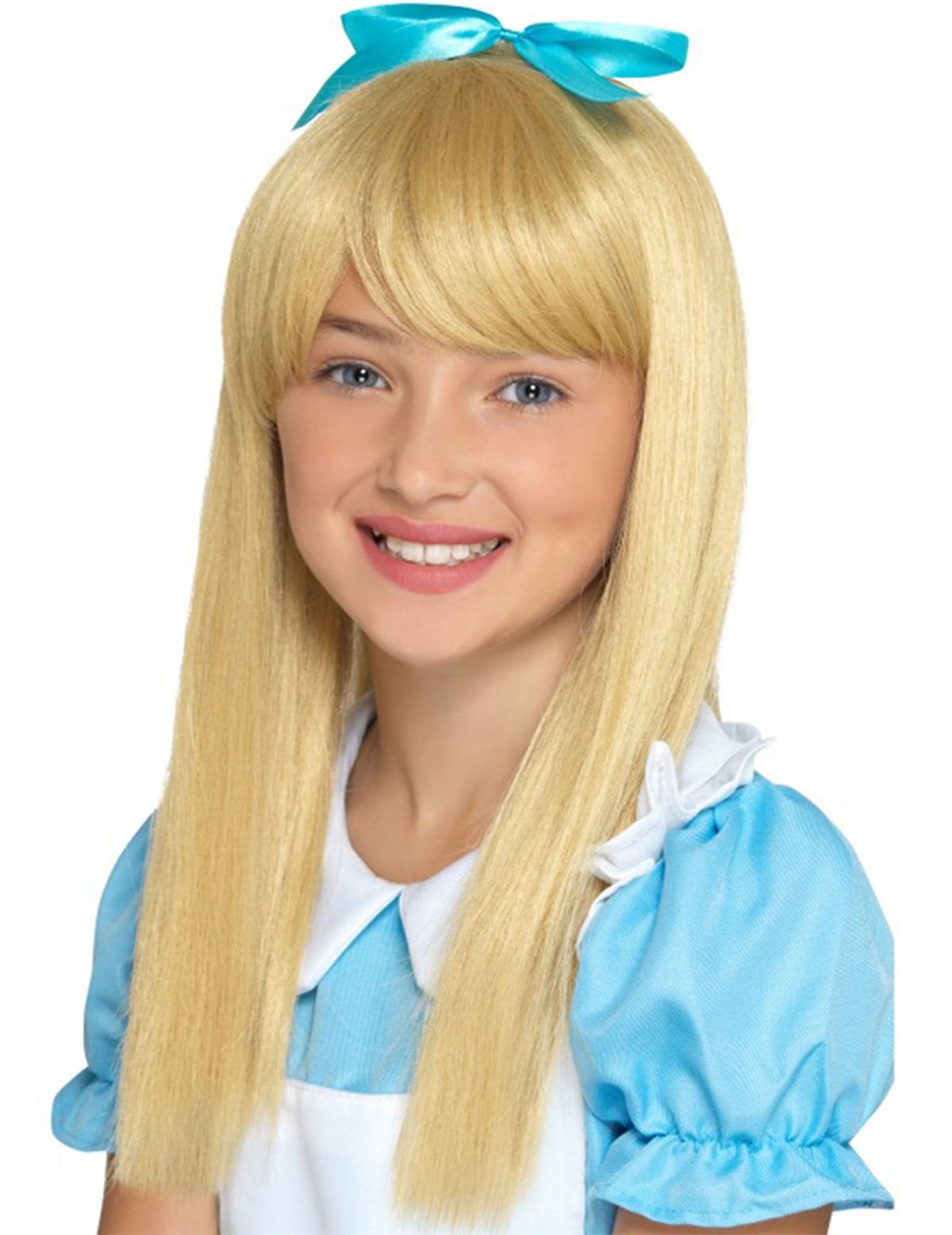 Perruque princesse des merveilles pour fille blonde avec nœud bleu