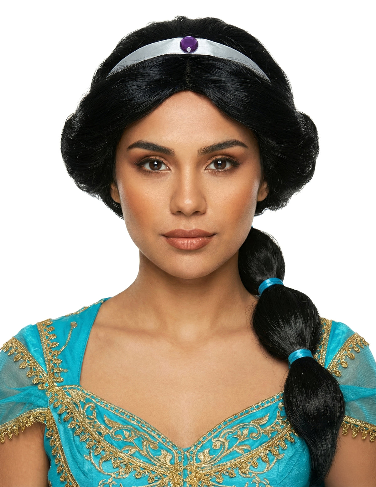 Perruque princesse orientale pour femme noire avec bandeau et bijou violet