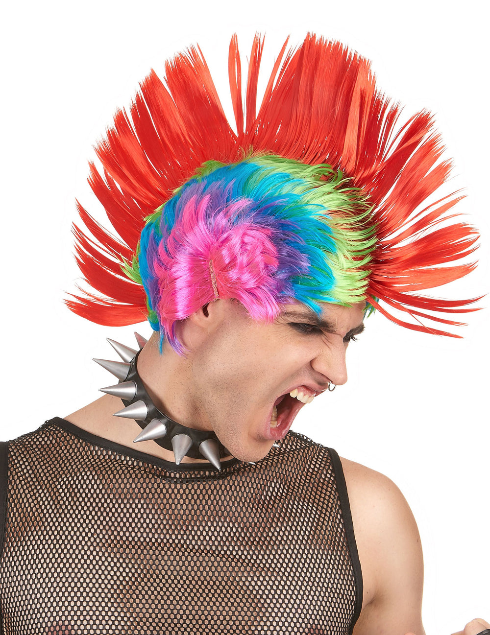 Perruque punk pour homme multicolore avec crête rouge