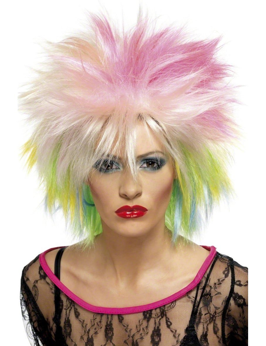 Perruque courte punk pour femme multicolore rose jaune et verte