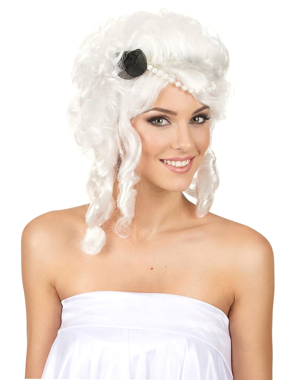 Perruque renaissance pour femme blanche avec boucles et perles