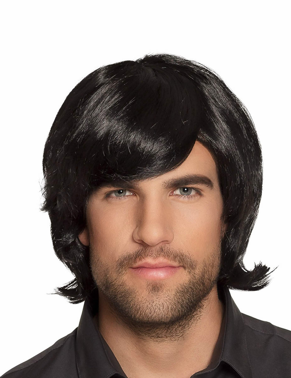Peruca retro para homem preta com franja