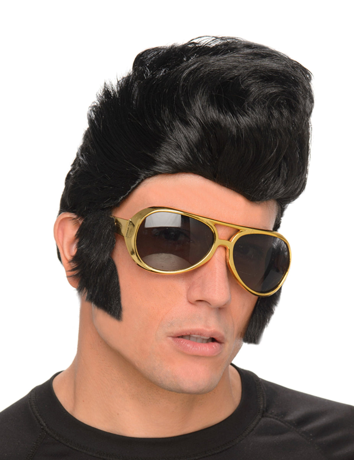 Perruque de rockeur pour homme noire avec lunettes dorées et favoris