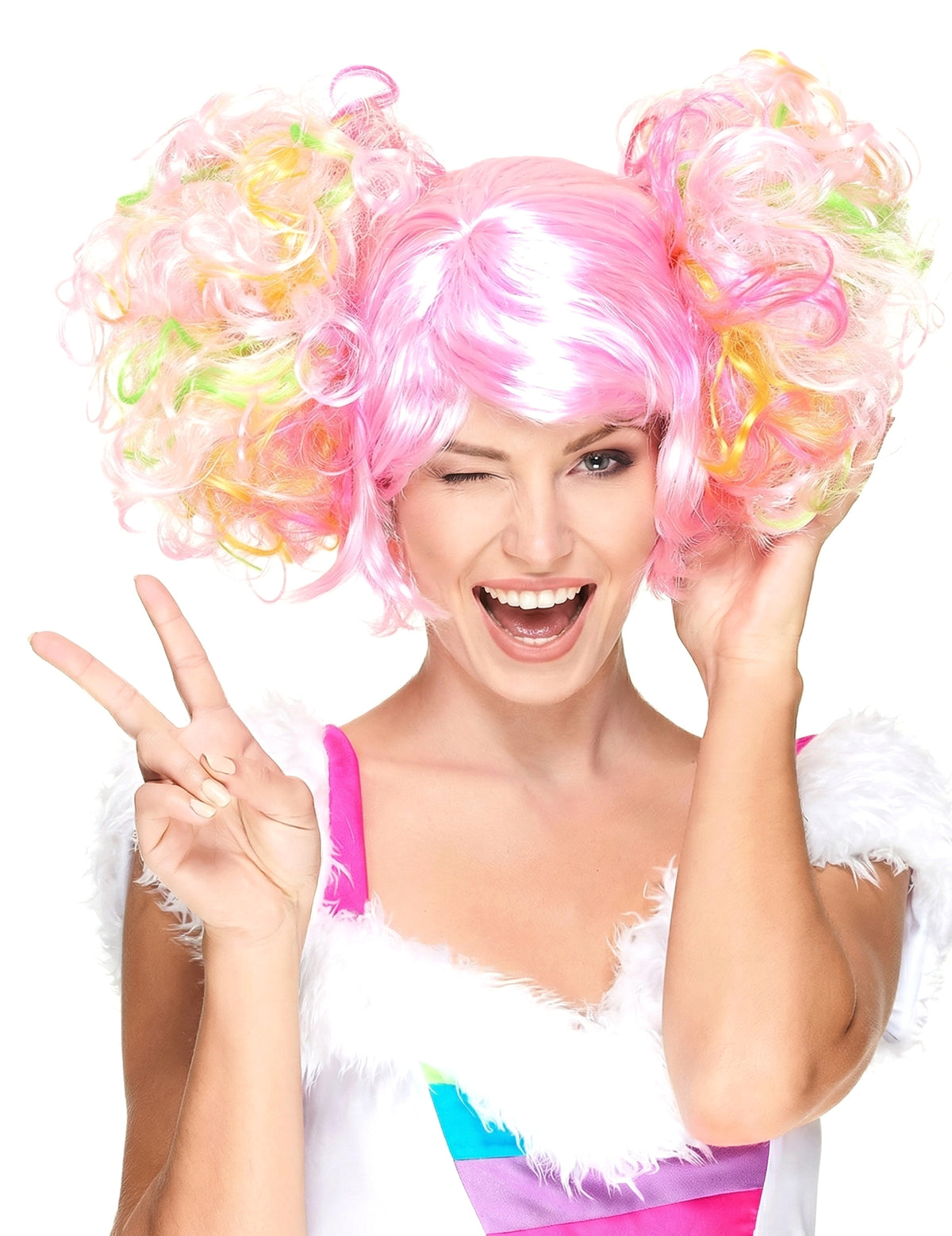 Perruque à couettes bouclées pour femme rose clair et multicolore