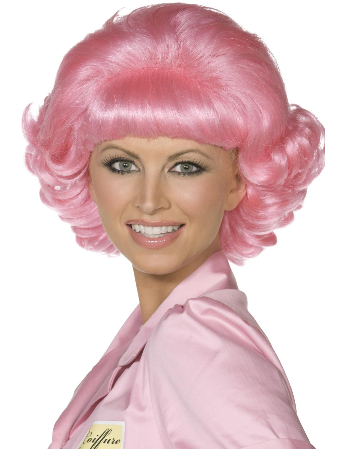 Perruque Grease™ pour femme rose bouclée et volumineuse