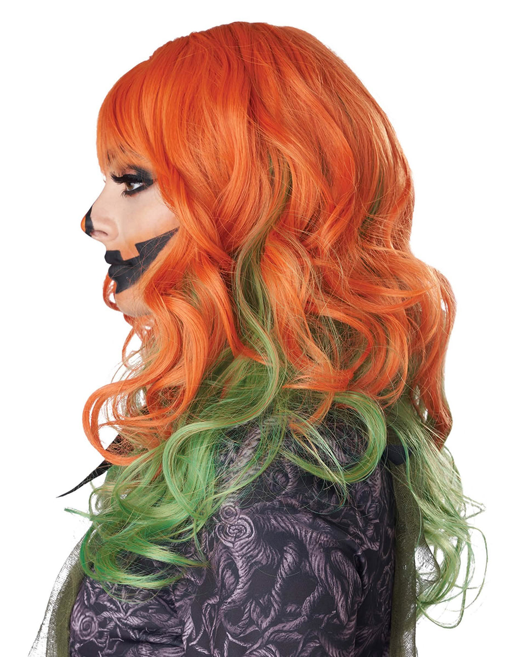 Vista de perfil da peruca para mulher ruiva e verde