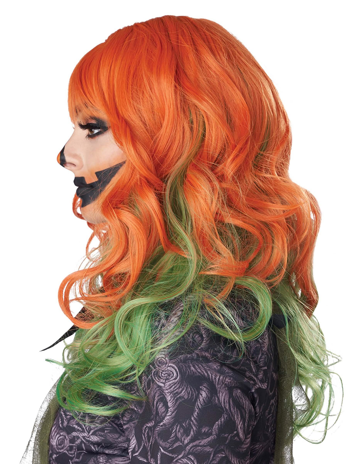 Vista de perfil da peruca para mulher ruiva e verde