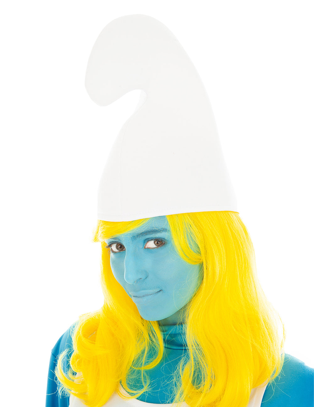 Perruque Schtroumpfette pour adulte longue jaune avec bonnet blanc
