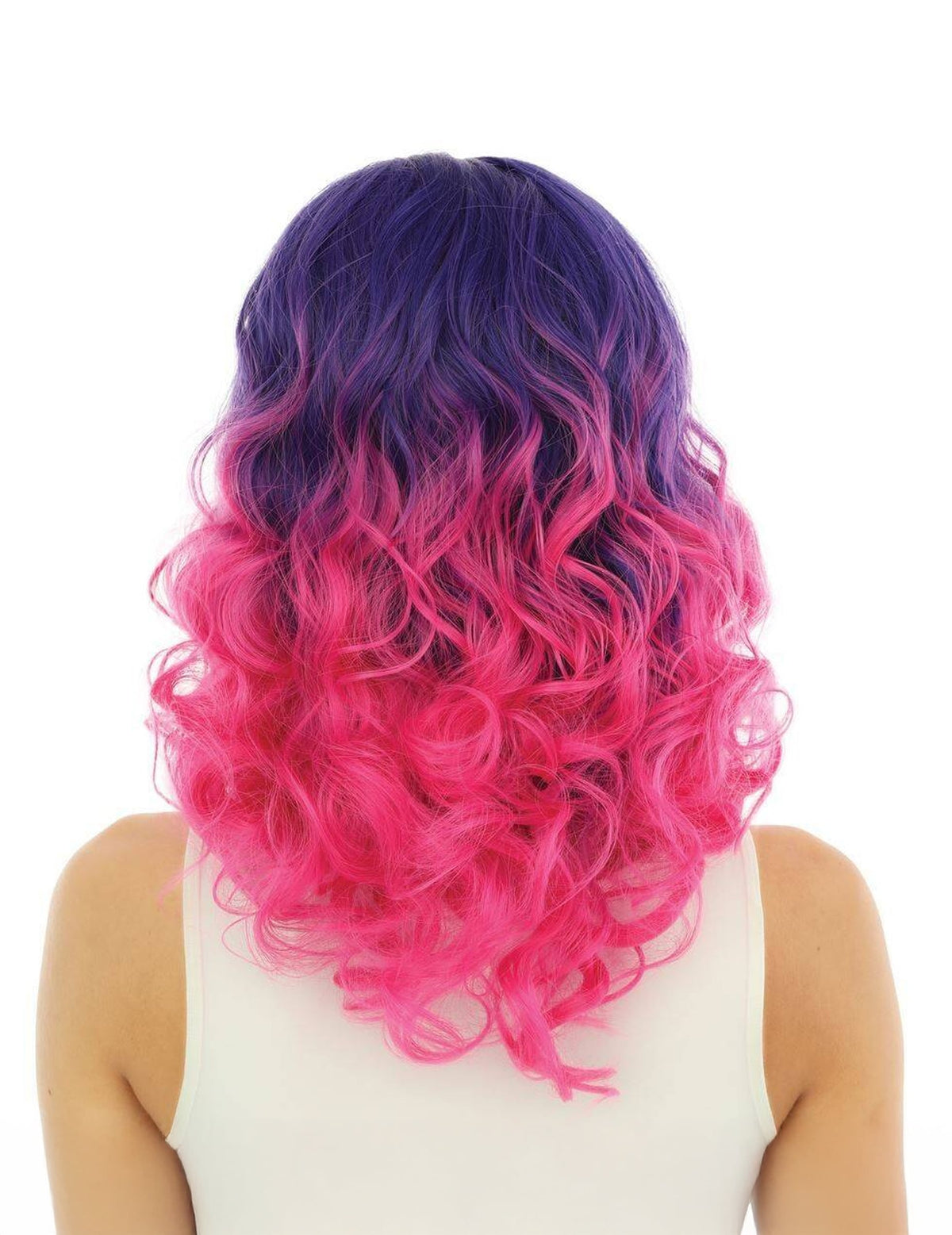 Vue de dos de la perruque tie and dye pour adulte rose et violette luxe