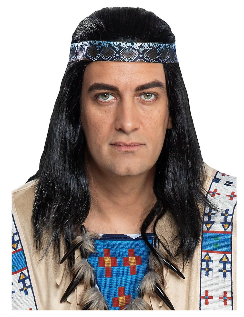 Perruca Winnetou para adulto preta com bandolete com motivos de pele de cobra
