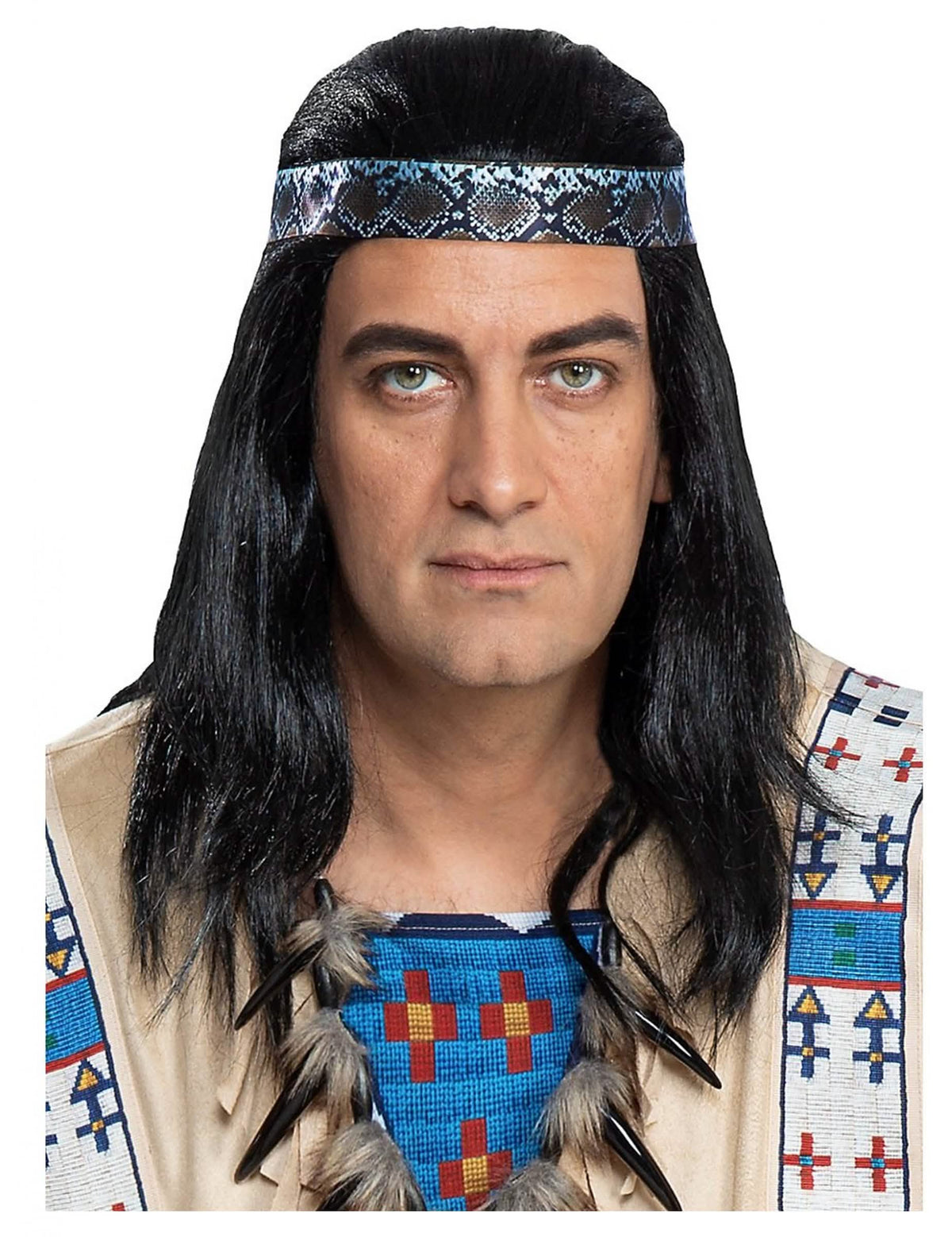 Perruca Winnetou para adulto preta com bandolete com motivos de pele de cobra