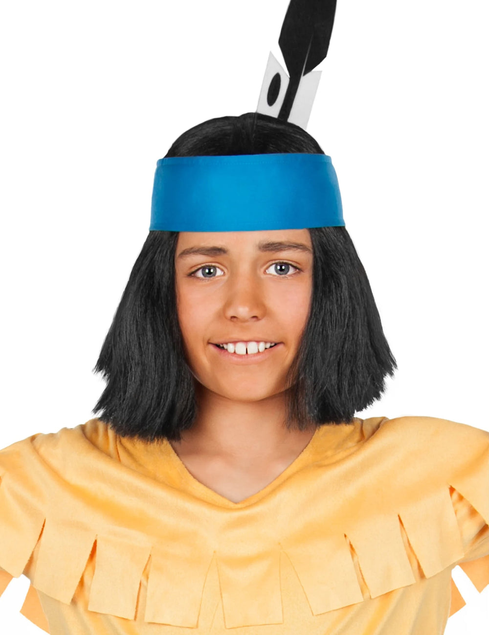 Perruque Yakari™ pour enfant noire avec bandeau bleu et plume