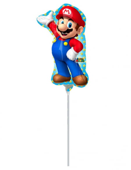Ballon aluminium Super Mario pour enfant bleu sur tige plastique