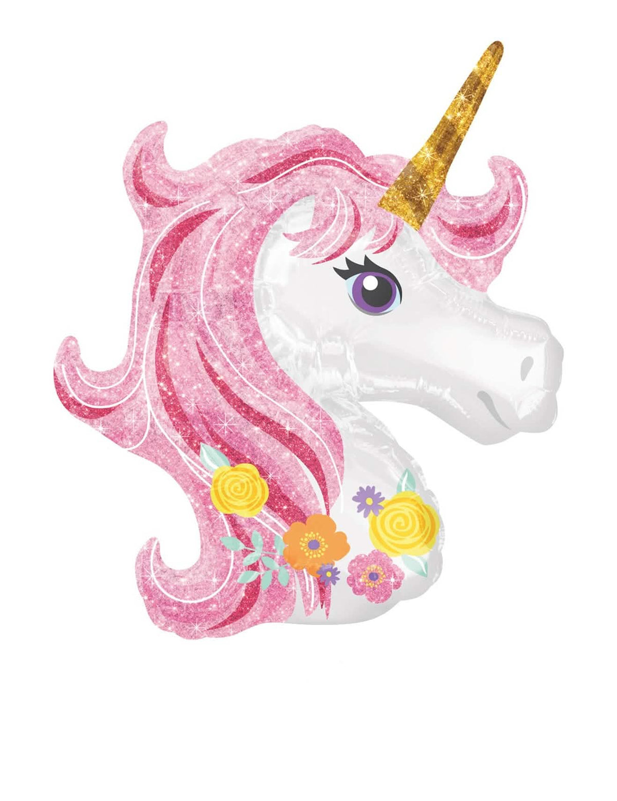 Pequeno balão de alumínio com cabeça de unicórnio florida para criança branco e cor de rosa com corno dourado