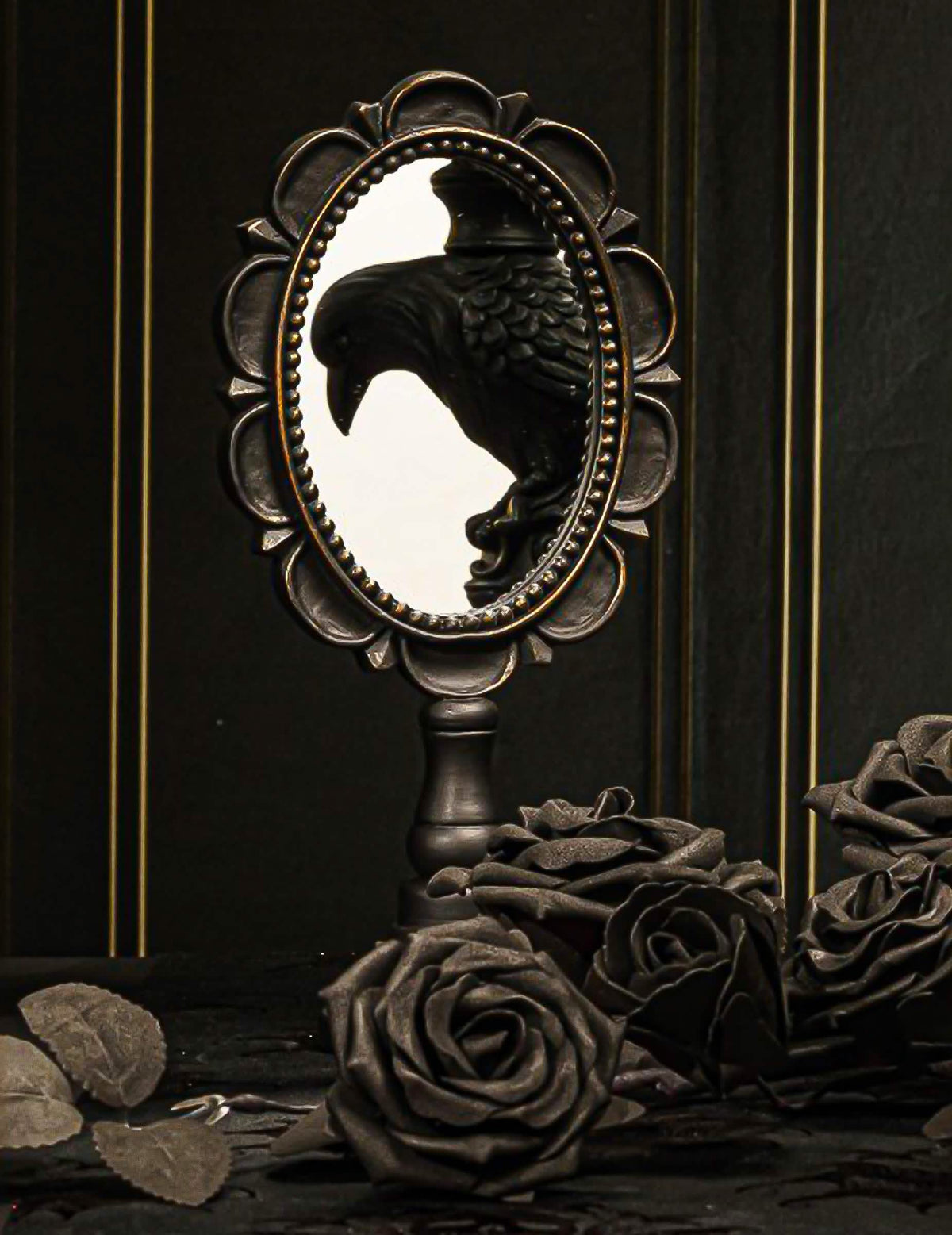 Pequeno espelho de mesa em resina preto 12,3 x 7,3 x 25,5 cm
