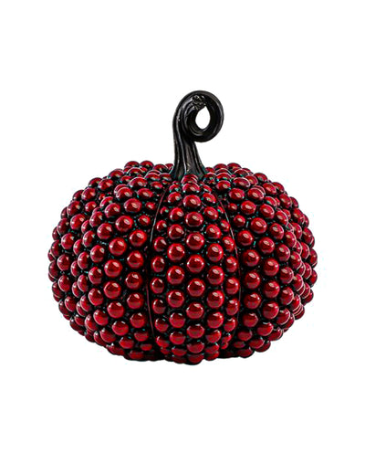 Pequena abóbora decorativa em resina com pérolas vermelho sangue 19 cm