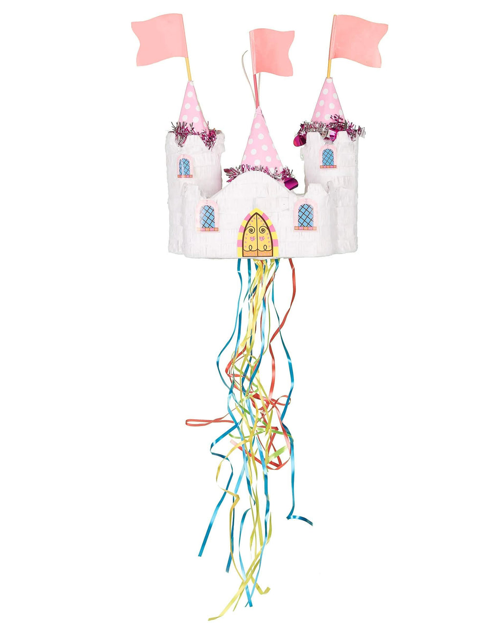 Piñata castelo de princesa para criança branca e cor de rosa com fitas coloridas