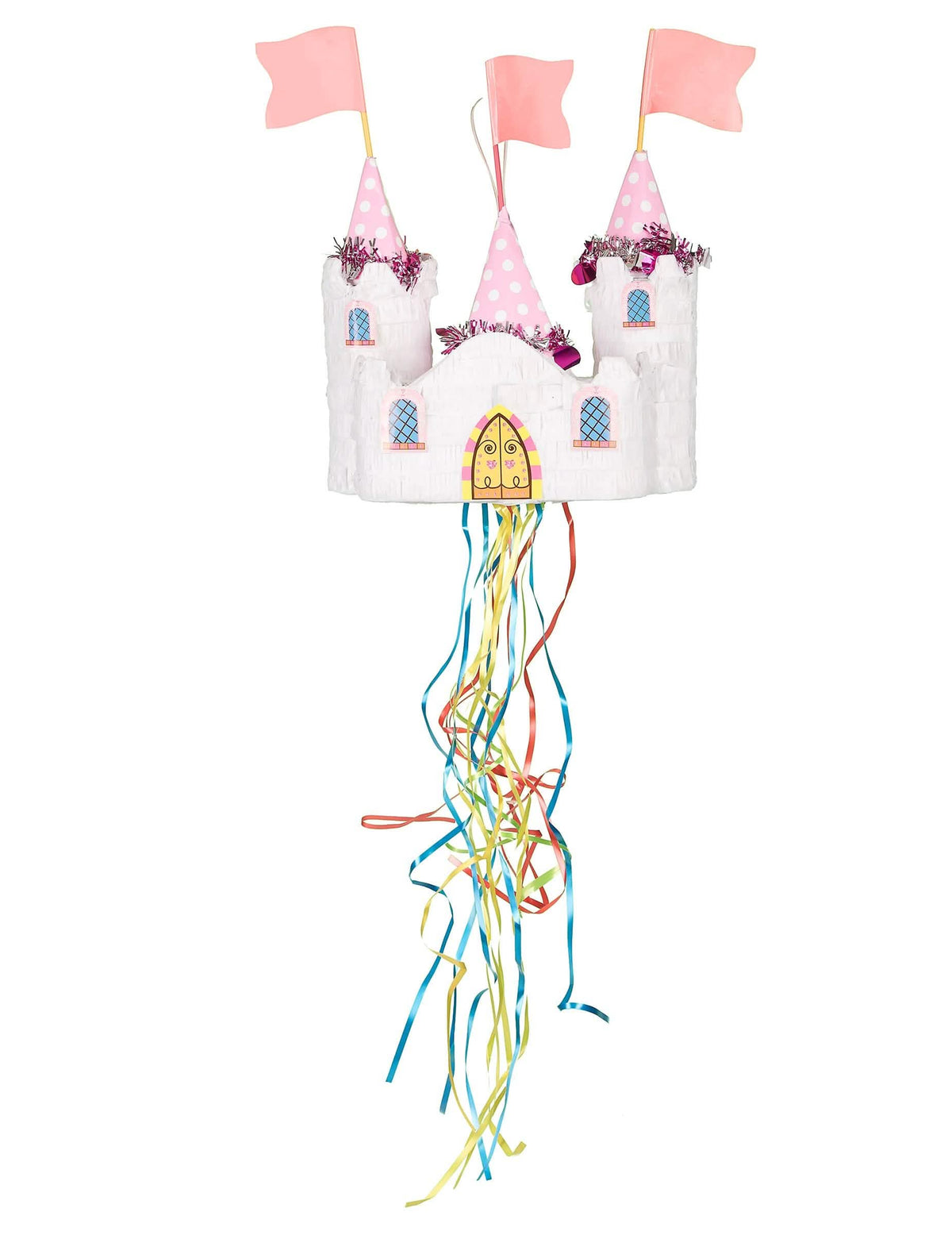 Piñata castelo de princesa para criança branca e cor de rosa com fitas coloridas
