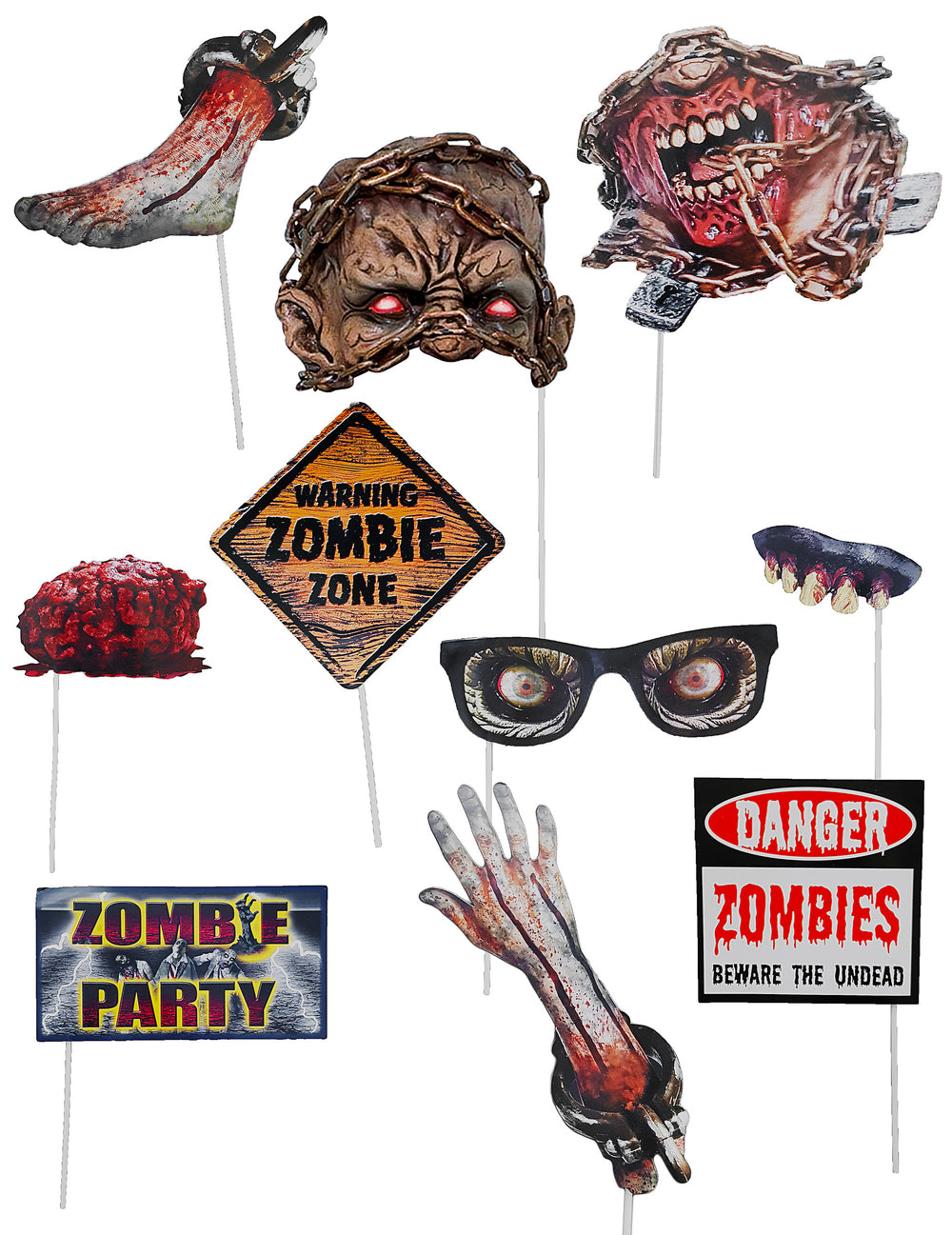 10 accessoires photobooth zombie pour fête multicolores et sanglants