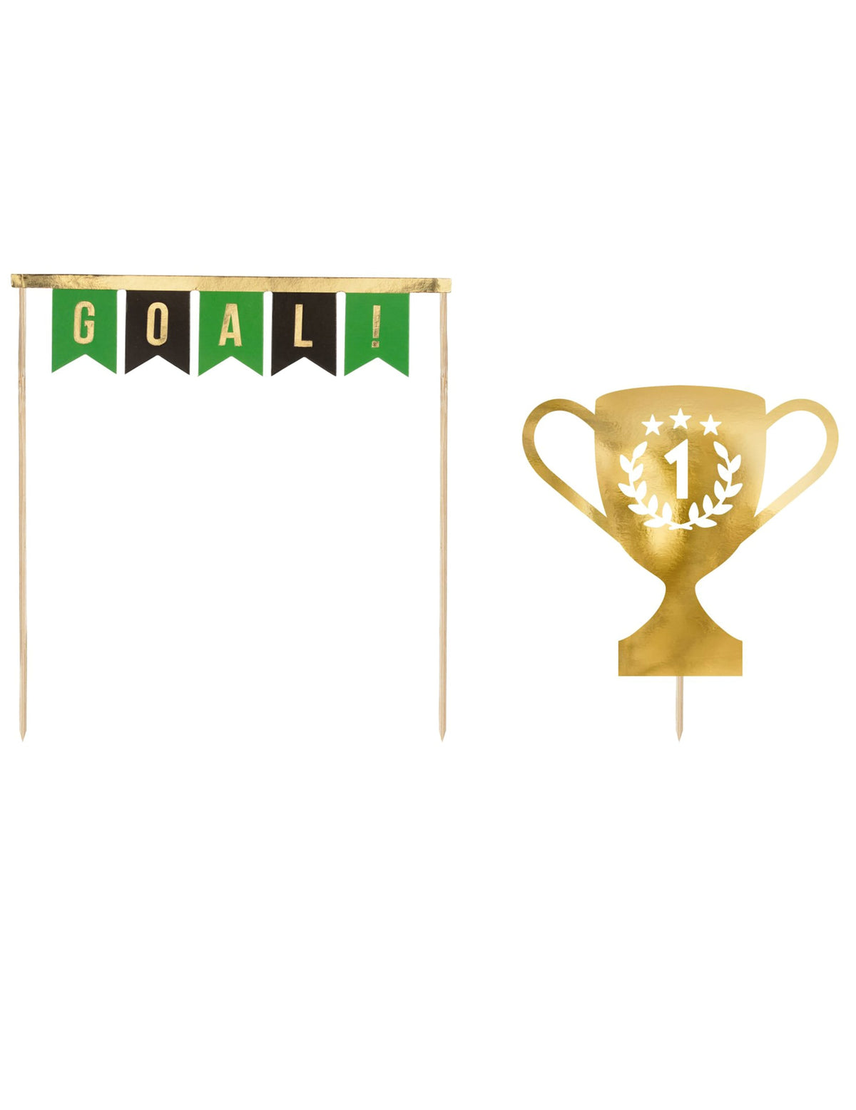 Pics à gâteaux champion de foot dorés verts et noirs avec banderole Goal et trophée