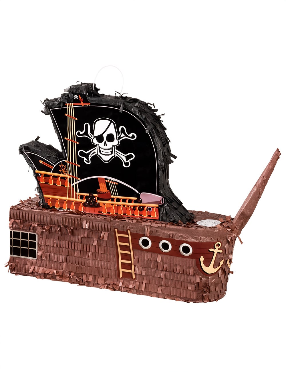 Piñata bateau de pirate pour enfant marron et noir avec voile tête de mort