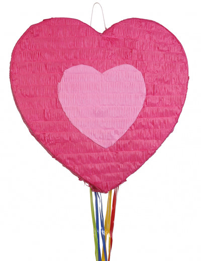 Piñata cœur pour fête rose à suspendre avec rubans multicolores