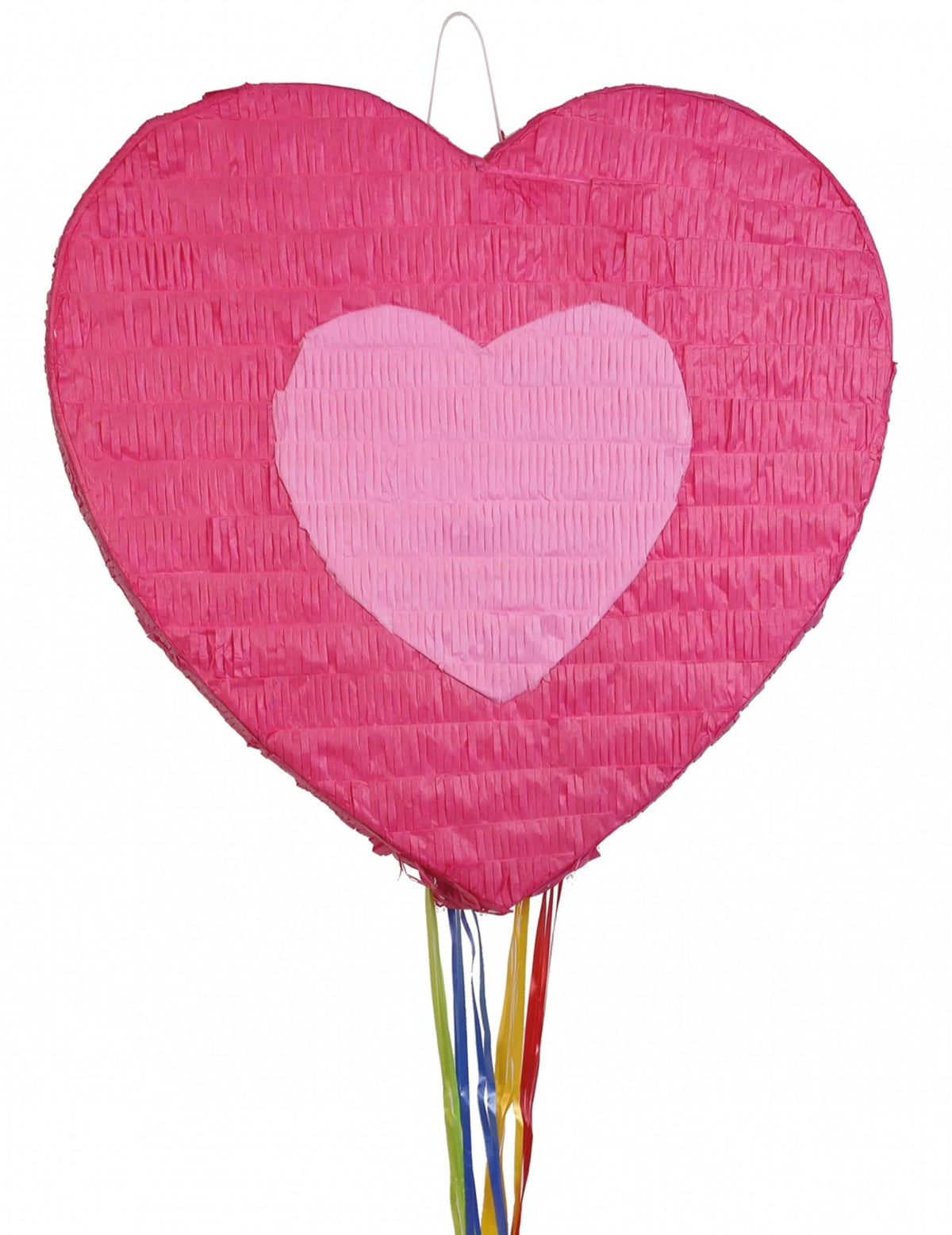 Piñata cor de rosa em forma de coração para festa para pendurar com fitas multicoloridas