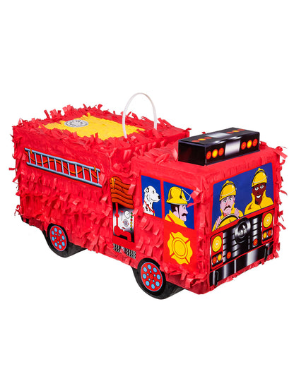 Piñata camion de pompier rouge avec échelles et dessins de pompiers