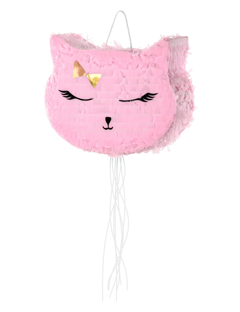 Piñata chat pour anniversaire rose avec nœud doré