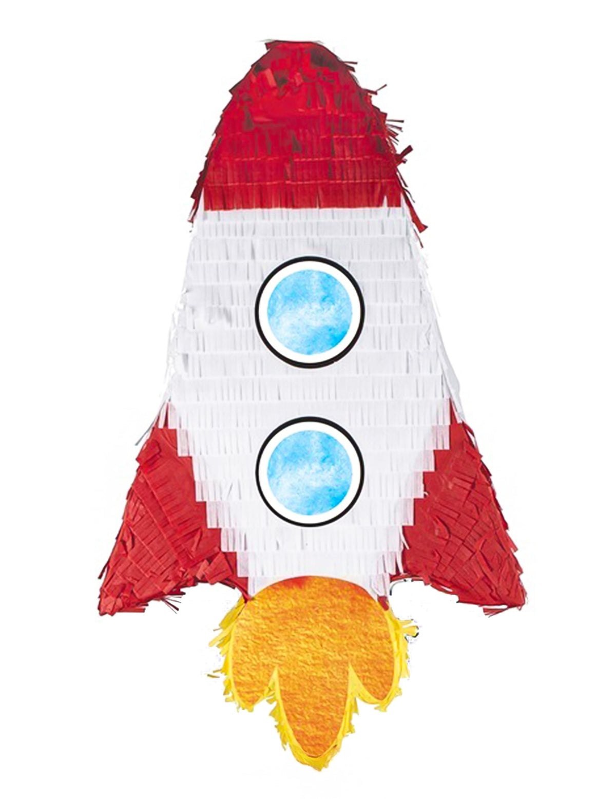 Piñata fusée rouge et blanche avec hublots bleus et flammes jaunes