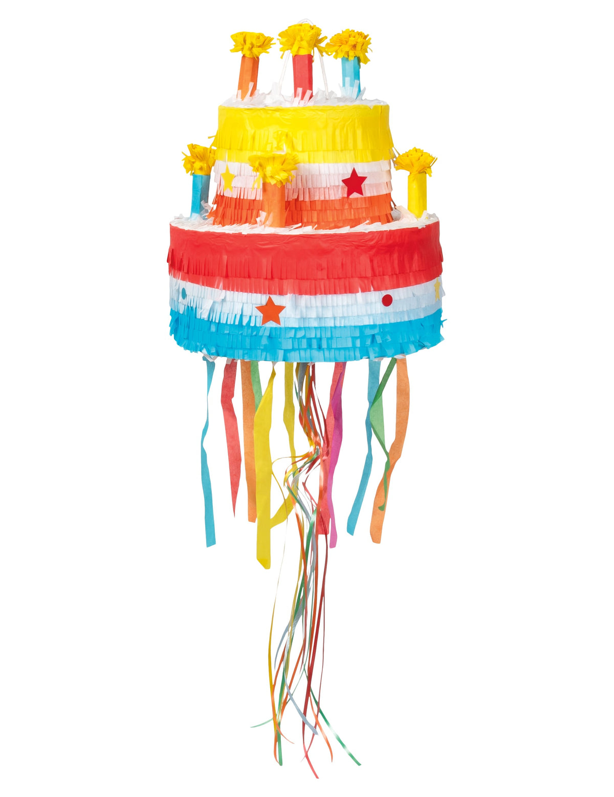 Piñata gâteau d'anniversaire pour enfant multicolore avec bougies et rubans