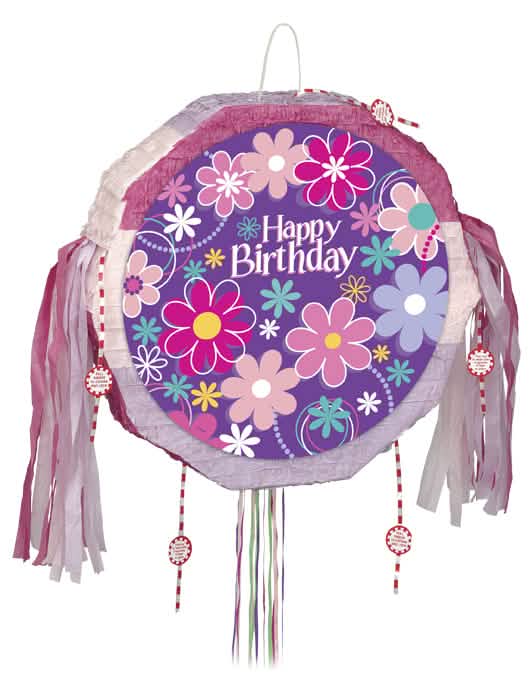Piñata Happy Birthday flores para aniversário violeta e cor de rosa com fitas