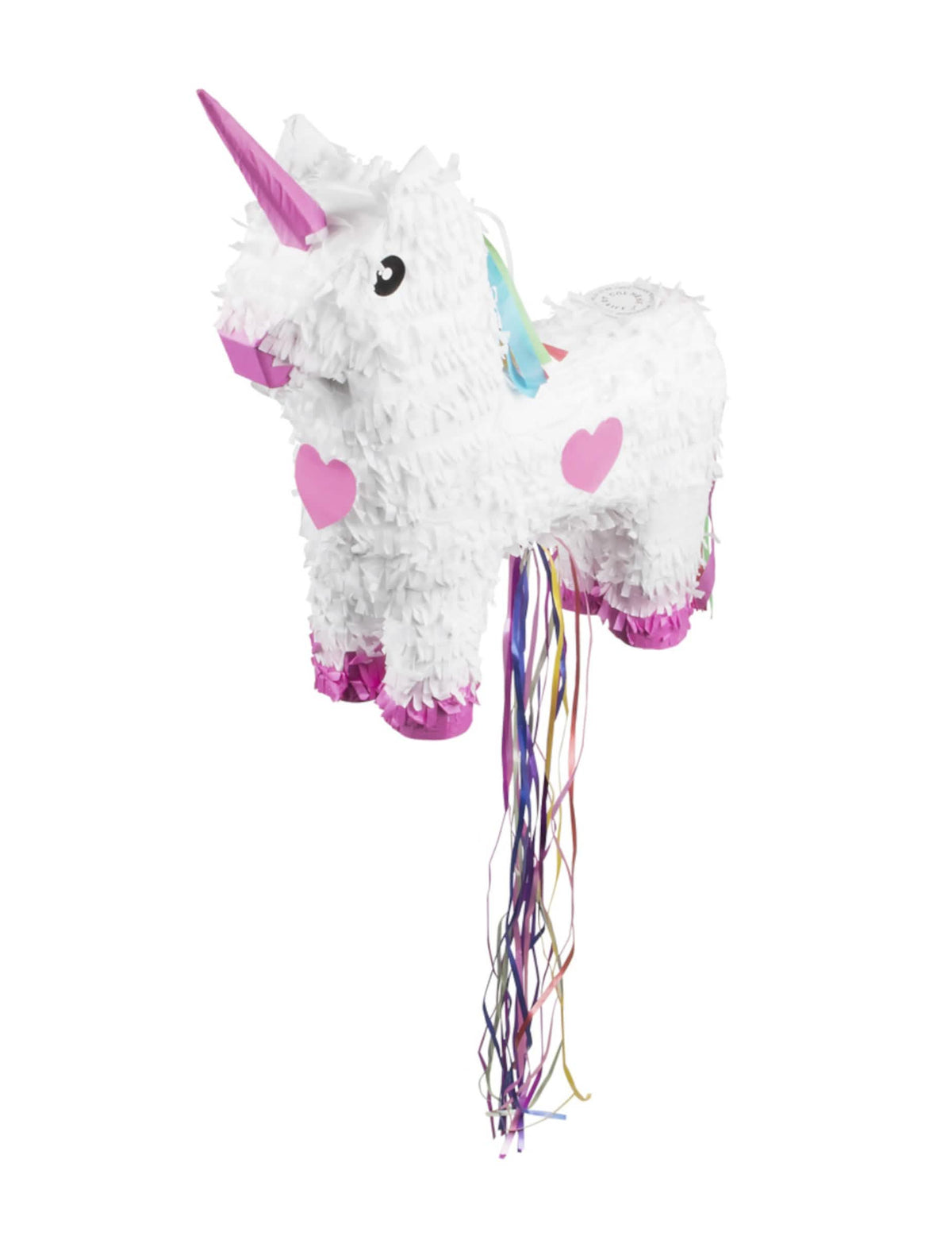 Pinata licorne pour enfant blanche et rose avec rubans multicolores