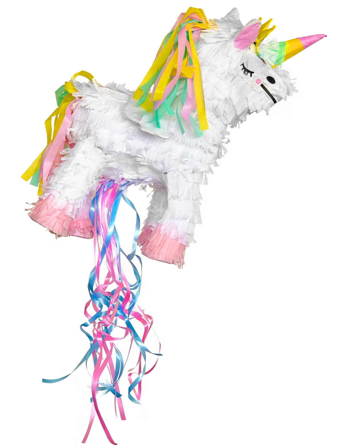 Piñata licorne volante pour enfant blanche avec crinière et rubans multicolores