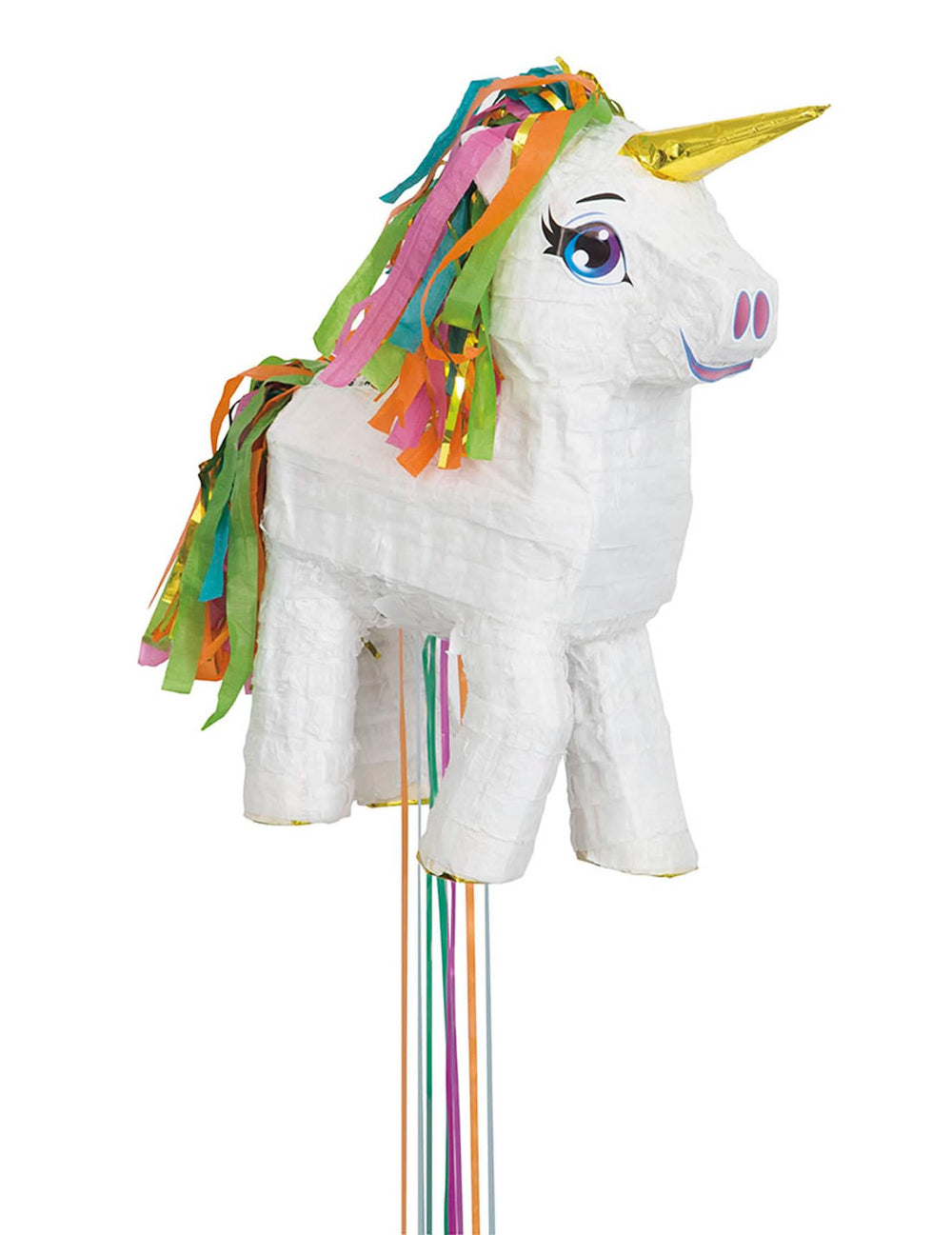 Piñata de unicórnio branca para criança com crina multicores e cor de dourado