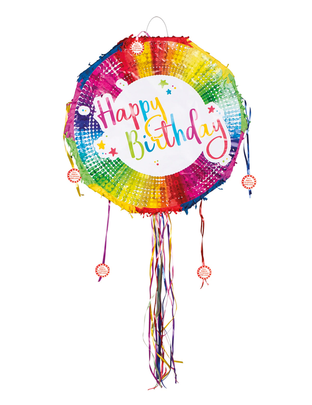 Piñata ronde Happy Birthday pour enfant multicolore avec rubans à tirer
