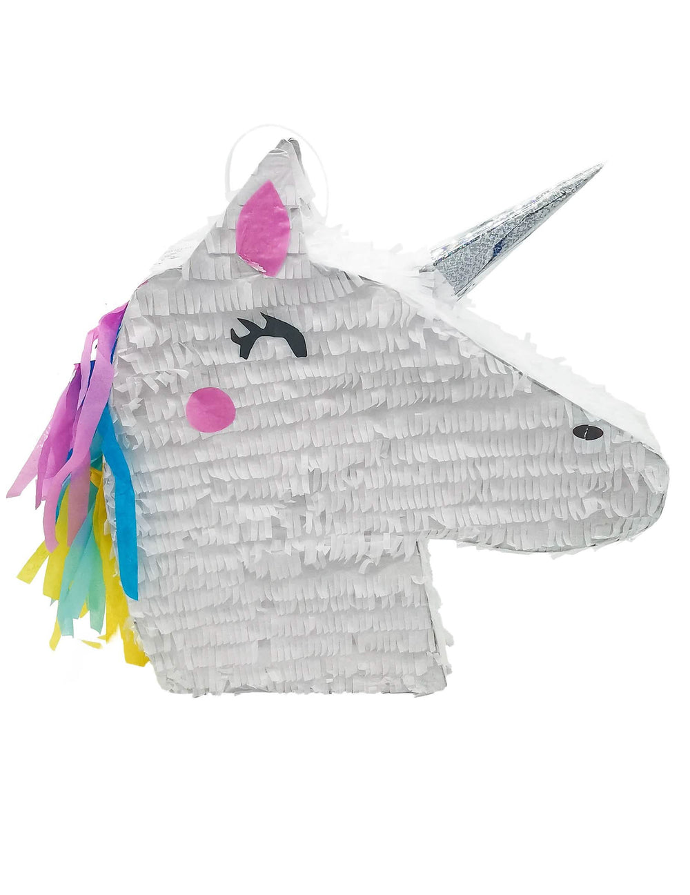 Piñata cabeça de unicórnio kawaii branca com crina arco-íris e chifre prateado