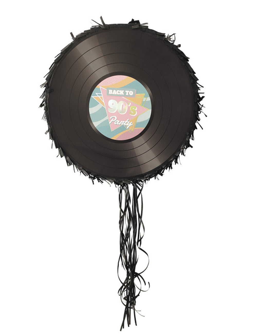 Piñata vinyle années 90 pour fête noire avec rubans et motif Back to 90's