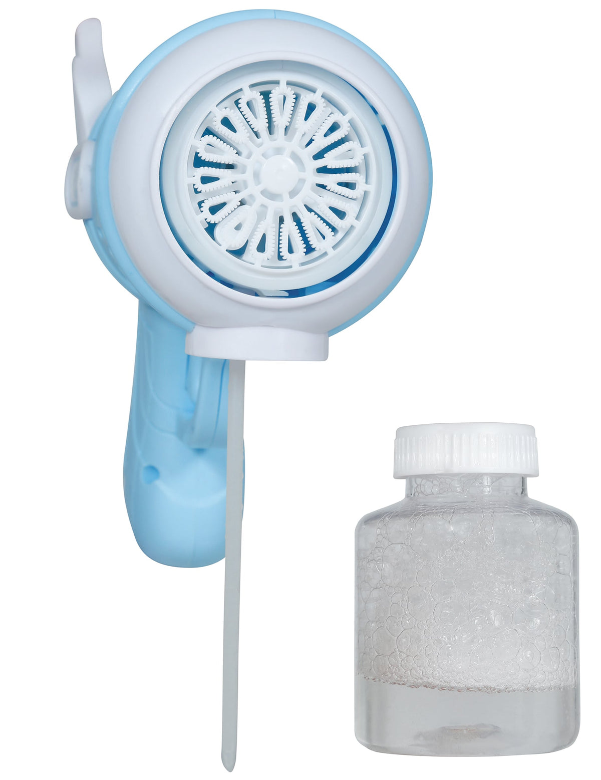 Flacon de liquide et vue de face du pistolet à bulles avec réservoir