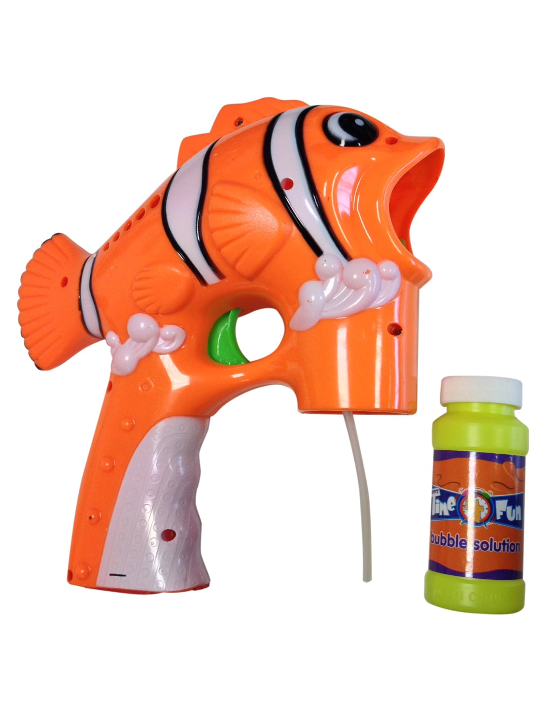 Pistolet à bulles en plastique poisson clown orange et blanc avec flacon de solution