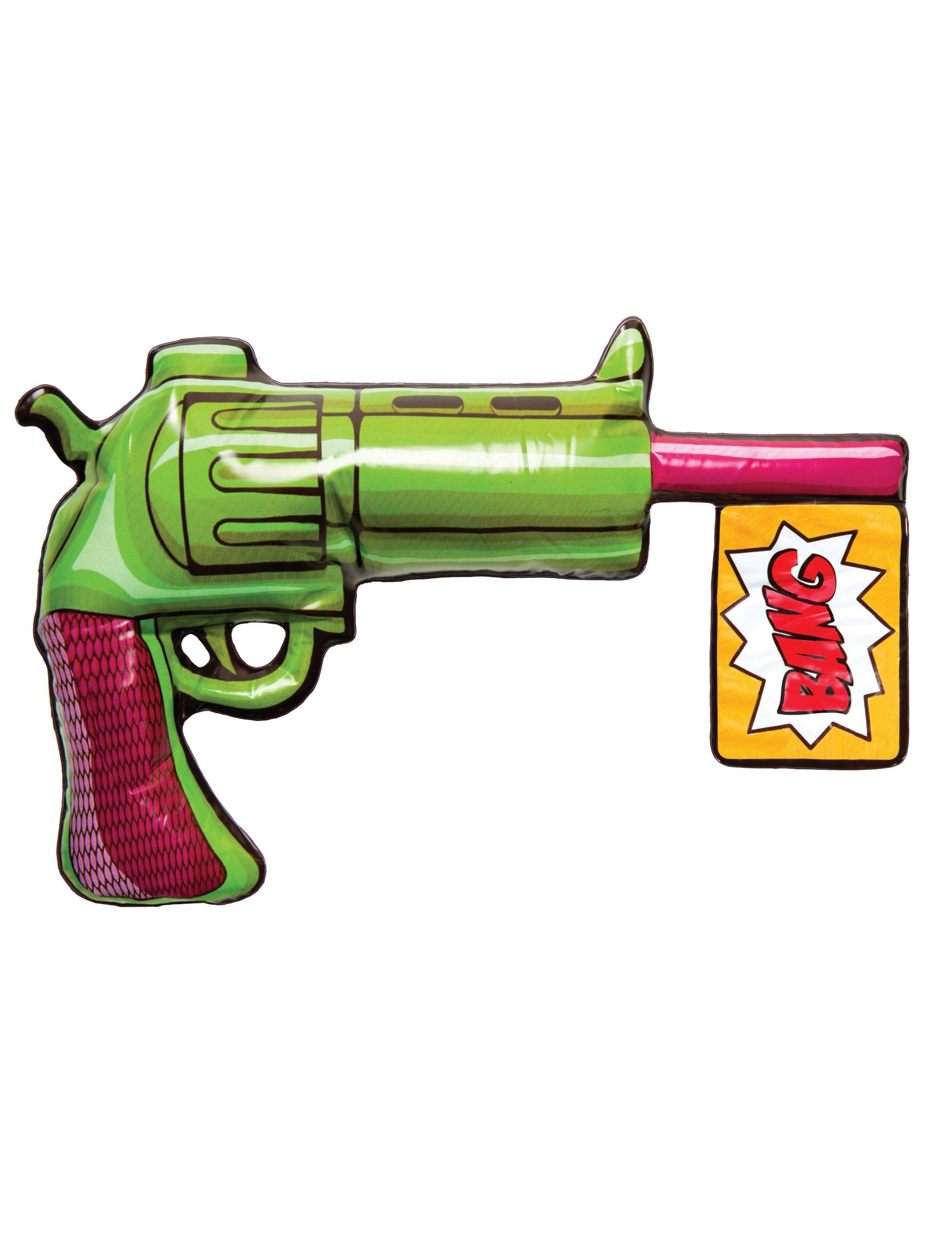 Pistolet gonflable Joker pour adulte vert et violet avec drapeau BANG