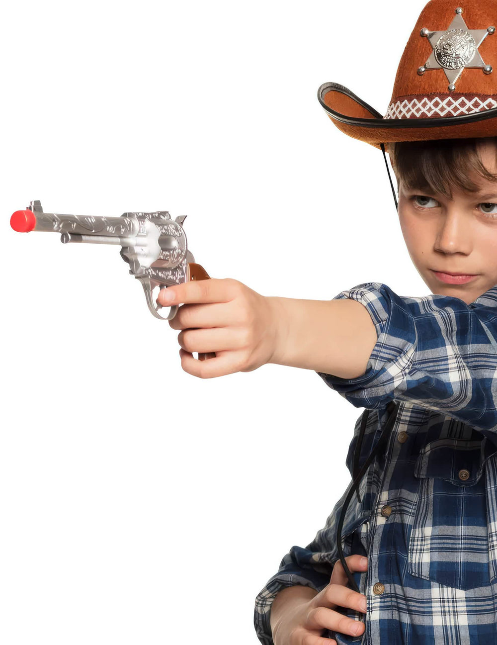 pistola sonora cowboy para criança prateado com pega castanho e ponta vermelha